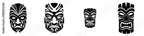 Tribal Black Illustration of Ancient Polynesian Tiki Masks Set of Four