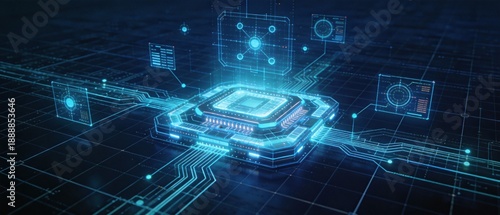 Futuristic quantum computer core architecture with glowing cyan technical blueprint lines, floating data nodes, holographic processor diagrams, and geometric engineering schematics on deep navy blue b