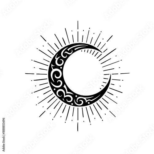 Vintage Engraved Style Crescent Moon Celestial Body with Rays Illustration