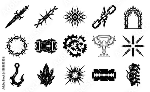 Aggressive Neotribal Cyberglitch Graphic Element Kit for Dark Aesthetic Streetwear and Underground Music Artworks