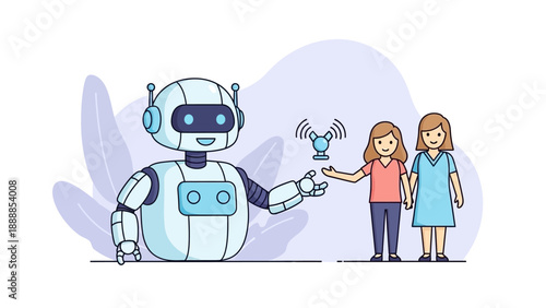 Friendly robot interacting with two women holding a wireless signal symbol.