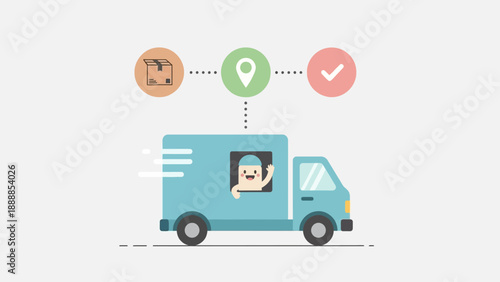 Cartoon delivery truck with location marker and checkmark symbol.