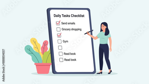 Woman checking off items on a daily tasks checklist on a large digital tablet screen.