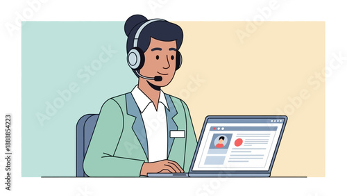 Customer service representative providing support through headset and laptop.