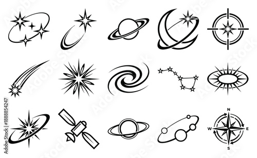 Minimalist Celestial Space Symbols Graphic Element Kit for Galactic Science and Astronomical Design