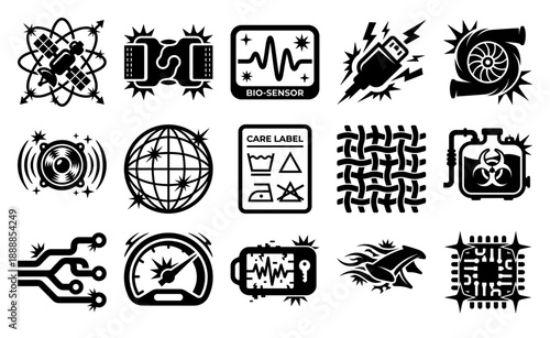 Flat Vector Industrial Cyberpunk Element Kit for High-Tech Sci-Fi Interface and Hardware Branding