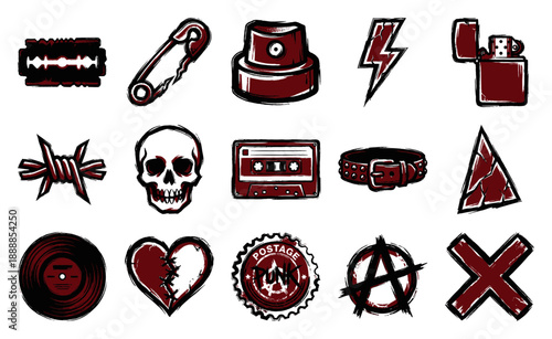 Grungy Punk Rock Graphic Element Kit featuring Underground Subculture Icons for Alternative Streetwear Design