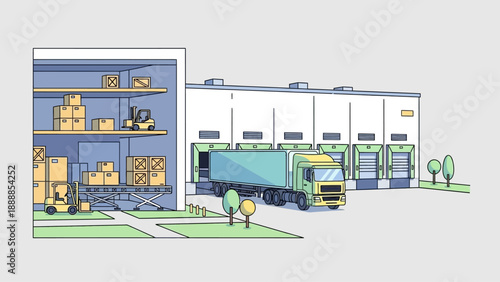 Warehouse logistics and distribution center with loading trucks and stacked boxes.