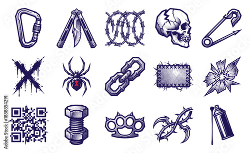Stipple Engraving Urban Hardcore Element Kit for Punk Streetwear and Edgy Underground Graphic Design