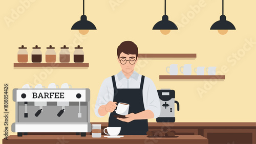 Barista preparing coffee in a modern coffee shop interior.