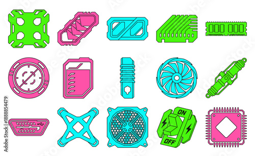 Neon Cyberpunk Hardware Components and Sci-Fi Mechanical Parts Asset Sheet for Futuristic Gaming UI