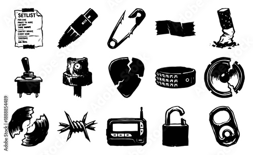 Grungy Woodcut Punk Rock Aesthetic Element Kit for Underground Music and Alternative Lifestyle Branding