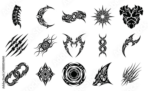 Aggressive Tribal Neo-Sigilism Graphic Element Asset Sheet for Dark Fantasy Streetwear and Gothic Subculture Branding