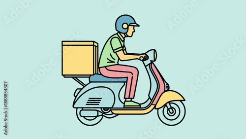 Delivery person riding a scooter with a box on the back in simple flat style.