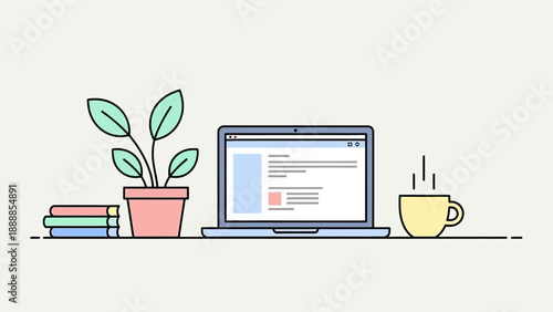 Minimalistic workspace with laptop, books, potted plant, and coffee cup on desk.