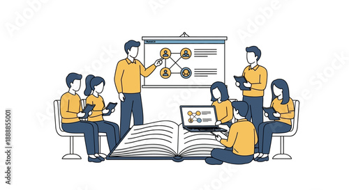 Team of people collaborating and discussing data and charts around a large open book.