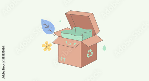 Eco-friendly cardboard box with recycling symbol and green leaves.