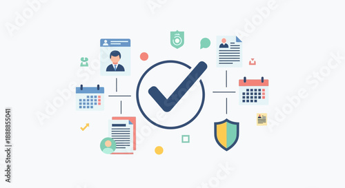 Conceptual illustration of project management and task completion with icons.