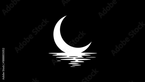 Moon with liquid reflection on water surface. Crescent above the water. Night time, sleeping, relaxing, dreaming. Black and white. Loop animation.