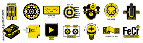 Flat Vector Analog Audio Components Asset Sheet for Retro Hi-Fi Sound Technology Schematics