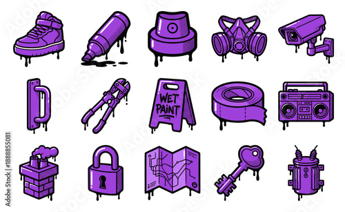 Purple Street Art Culture Graphic Element Kit featuring Graffiti Tools and Urban Exploration Symbols