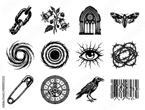 Dark Academia Woodcut Etching Element Kit for Gothic Aesthetic and Neo-Tribal Graphic Design