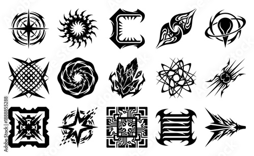 Abstract Neocyber Tribal Sigils Graphic Element Kit for Sci-Fi UI and Dark Aesthetic Branding