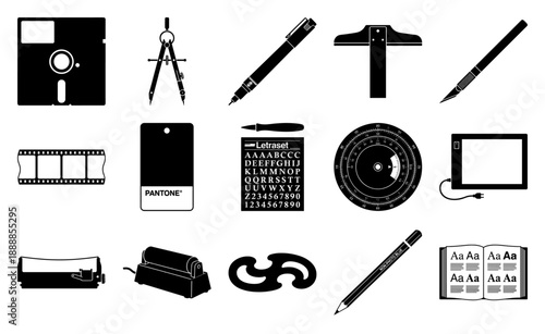 Minimalist Black Silhouette Graphic Design Tools Element Kit for Retro Analog Studio Branding