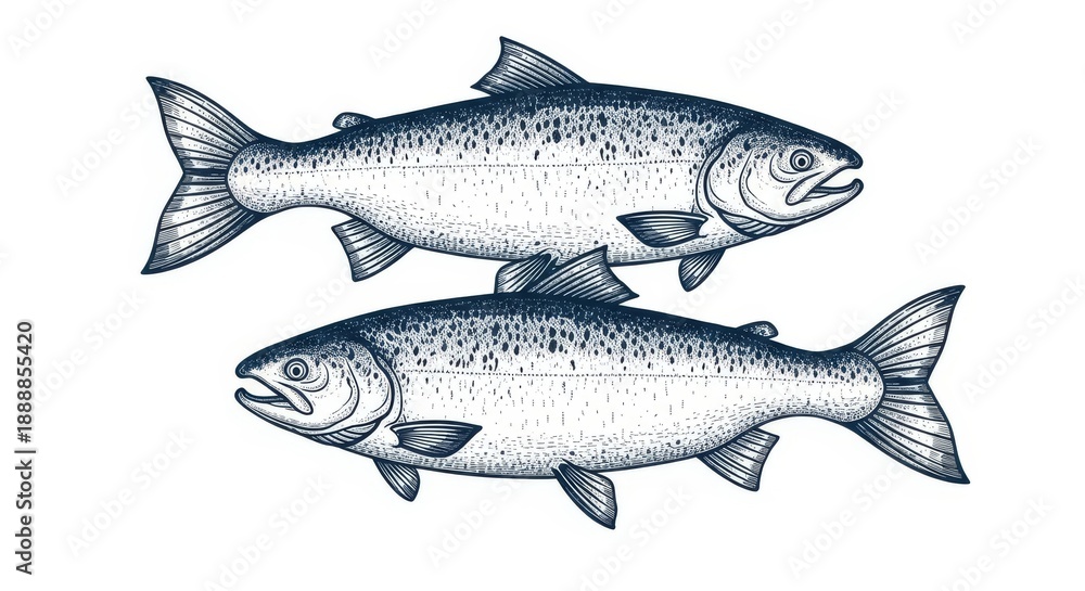 Obraz premium Two Salmon Fish Illustration Side View.