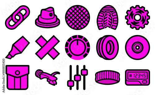 Bold Magenta Street Culture and Hardware Icon Collection for Urban Lifestyle and Digital Media Asset Sheet
