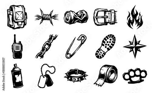 Grungy Linocut Urban Survival Element Kit for Post-Apocalyptic and Punk Underground Graphics