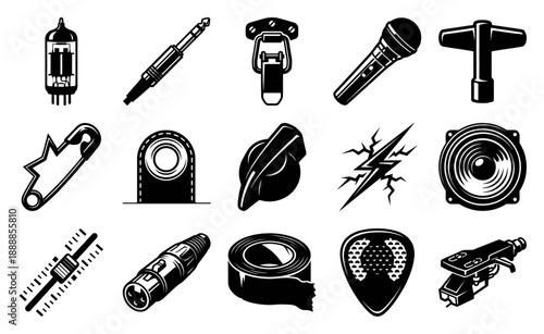 Vintage Engraving Audio Equipment Element Kit for Rock Music Concert and Studio Production Branding