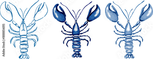 Watercolor Lobster Illustration Set – Blue Seafood Animal Hand Painted Style