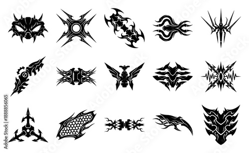 Neo-Tribal Cyberpunk Sigils and Bio-Mechanical Graphic Element Kit for Dark Futuristic Branding