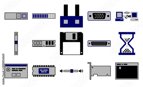 Retro Pixel Art Computer Hardware and UI Icon Graphic Set for 90s Nostalgia Tech Projects