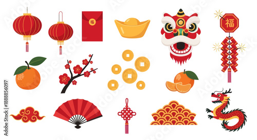 Chinese New Year Icons: Dragon, Lanterns, Lion Dance, Oranges, Firecrackers, Fan