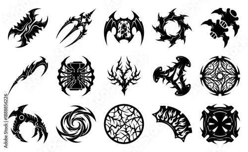 Tribal Cyberpunk Sigils and Dark Fantasy Symbol Asset Sheet for Neo-Tribal Tattoo Design and Sci-Fi Interface