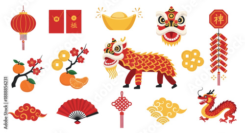 Chinese New Year Icons: Dragon, Lantern, Lucky Charms, Firecrackers, Oranges, Coins, Fan