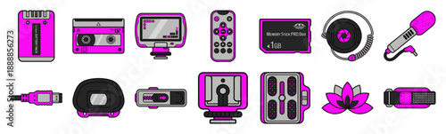 Flat Vector Digital Camcorder Equipment Asset Sheet for Retro Media Production and Videography Kit