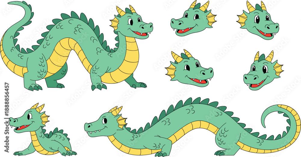 Fototapeta premium Cute cartoon dragon character set. Friendly green dragon with body poses and facial expressions. Flat vector illustration for kids design, games, stickers and fantasy themes.