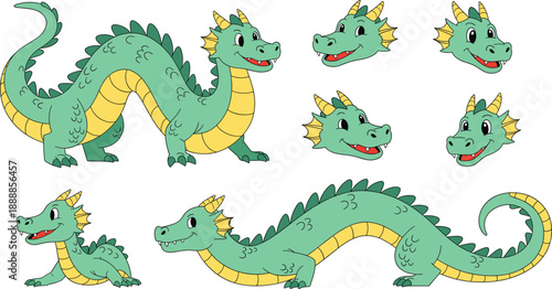 Cute cartoon dragon character set. Friendly green dragon with body poses and facial expressions. Flat vector illustration for kids design, games, stickers and fantasy themes.
