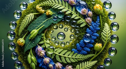 Serene nature arrangement with water droplets and lush vegetation, circle shape