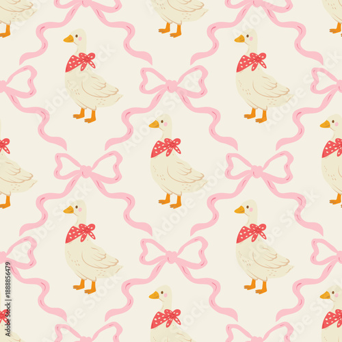 Cute seamless pattern with bows and goose. Spring summer print. Vintage illustration.