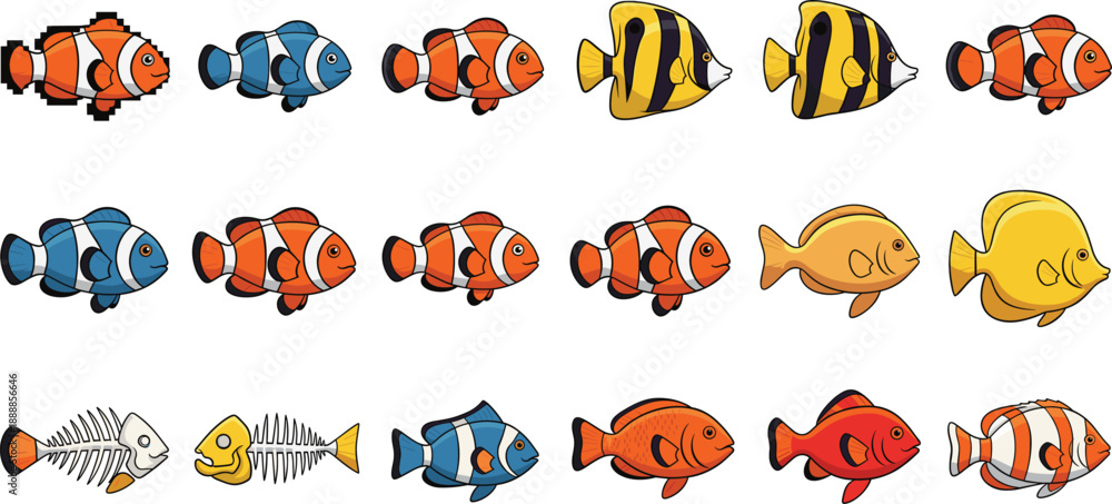 Fototapeta premium Cute cartoon tropical fish set. Colorful clownfish, angelfish and reef fish variations. Flat vector illustration for kids design, games, stickers and aquarium themes.