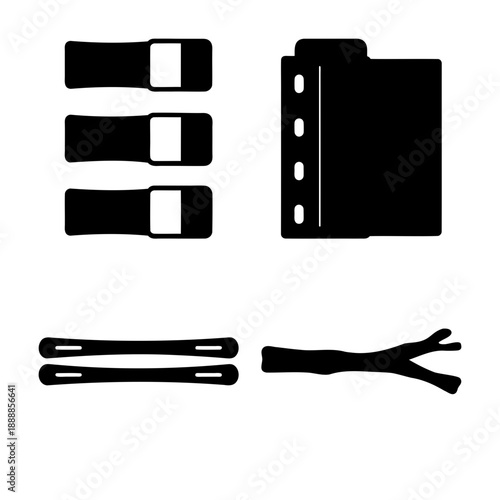 Collection of abstract black silhouette icons featuring fastening elements and a natural branch