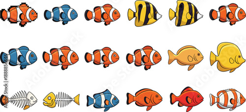 Cute cartoon tropical fish set. Colorful clownfish, angelfish and reef fish variations. Flat vector illustration for kids design, games, stickers and aquarium themes.