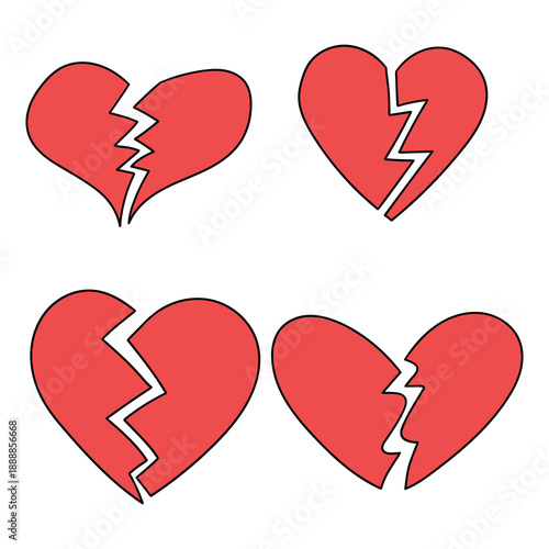 Hand-drawn cartoon set of broken red hearts on a white background.