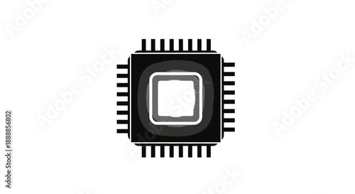 Black and white illustration of a computer microchip with visible pins and central processing unit.