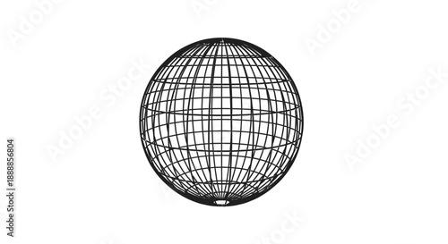 Wireframe globe representing a 3D grid sphere in black and white.