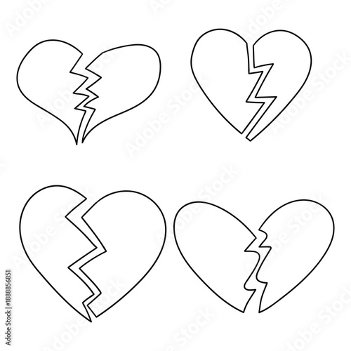 Hand-drawn doodle set of broken hearts on a white background.
